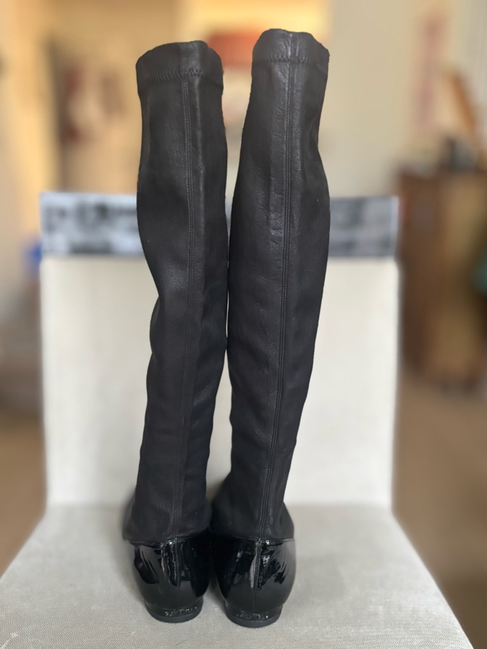 CHANEL Black Leather Riding Boots/Flats with Patent Cap Toe - Picture 4 of 7